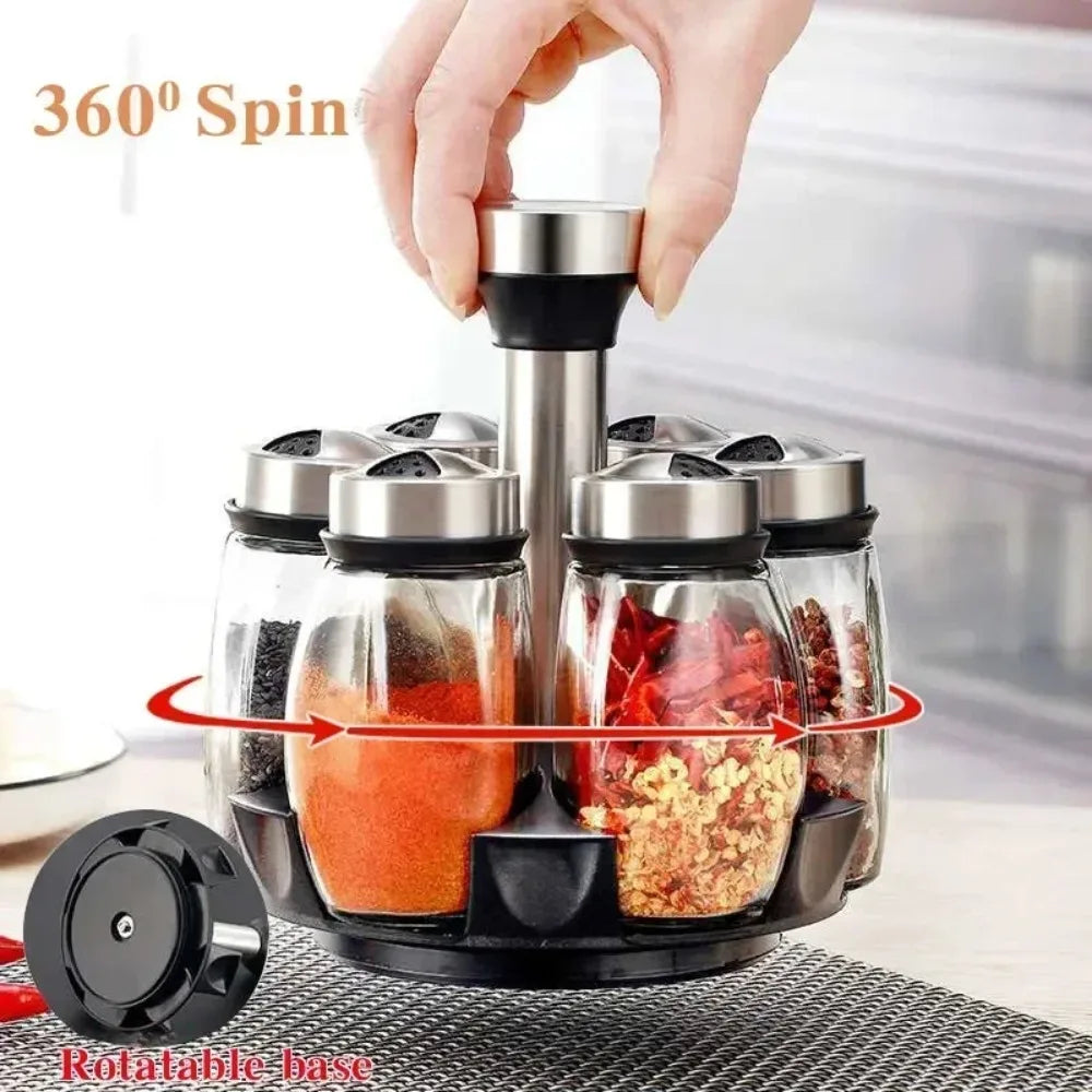 7pcs Rotating Spice Jar Set – Glass Seasoning Organizer with Rack | Salt, Sugar, Pepper Bottles & Shakers for Kitchen Storage