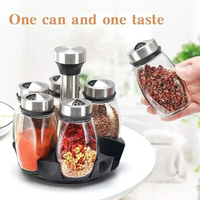 7pcs Rotating Spice Jar Set – Glass Seasoning Organizer with Rack | Salt, Sugar, Pepper Bottles & Shakers for Kitchen Storage