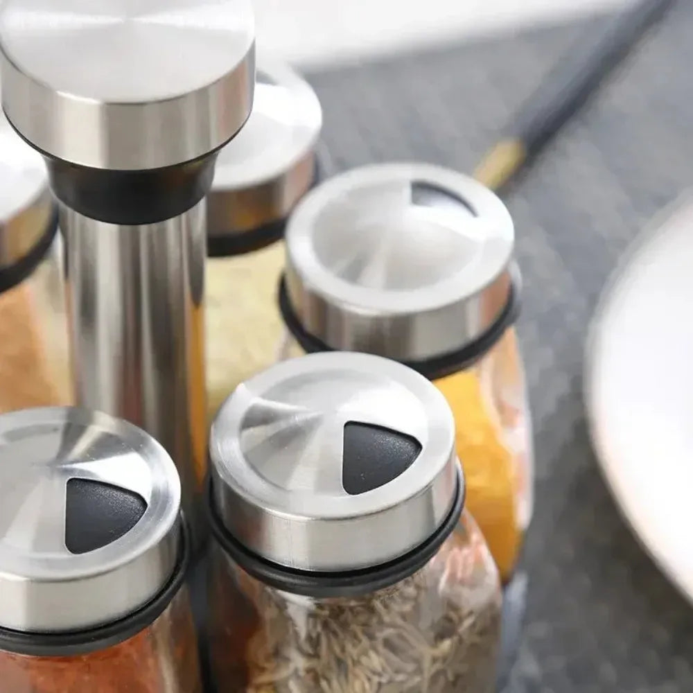 7pcs Rotating Spice Jar Set – Glass Seasoning Organizer with Rack | Salt, Sugar, Pepper Bottles & Shakers for Kitchen Storage