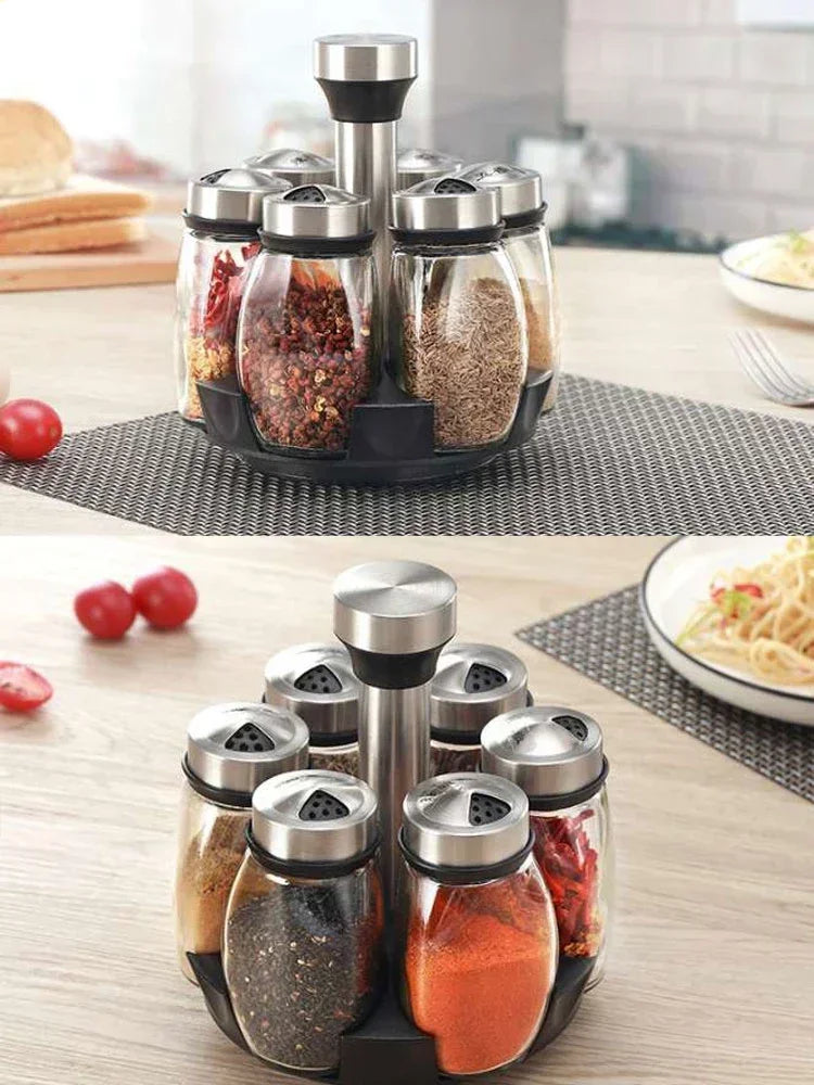 7pcs Rotating Spice Jar Set – Glass Seasoning Organizer with Rack | Salt, Sugar, Pepper Bottles & Shakers for Kitchen Storage