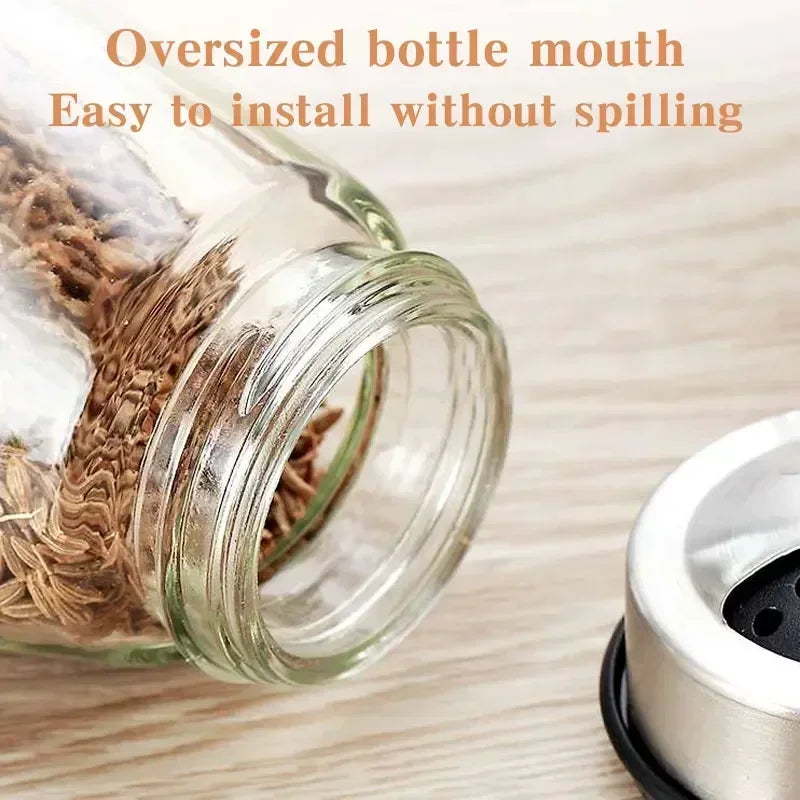 7pcs Rotating Spice Jar Set – Glass Seasoning Organizer with Rack | Salt, Sugar, Pepper Bottles & Shakers for Kitchen Storage