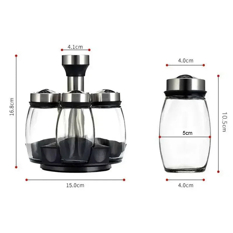 7pcs Rotating Spice Jar Set – Glass Seasoning Organizer with Rack | Salt, Sugar, Pepper Bottles & Shakers for Kitchen Storage