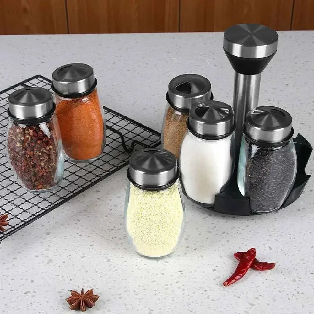 7pcs Rotating Spice Jar Set – Glass Seasoning Organizer with Rack | Salt, Sugar, Pepper Bottles & Shakers for Kitchen Storage
