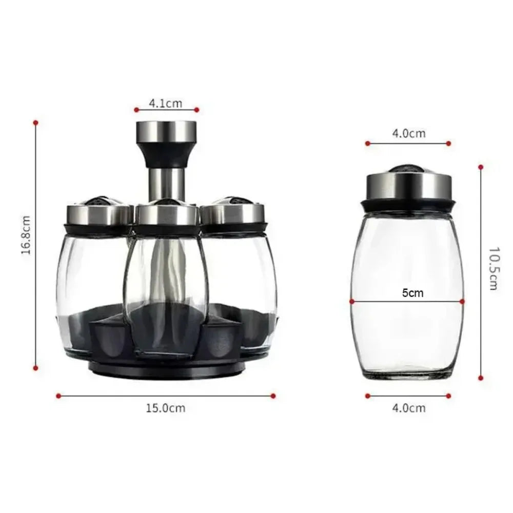 7pcs Rotating Spice Jar Set – Glass Seasoning Organizer with Rack | Salt, Sugar, Pepper Bottles & Shakers for Kitchen Storage