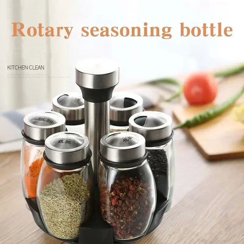 7pcs Rotating Spice Jar Set – Glass Seasoning Organizer with Rack | Salt, Sugar, Pepper Bottles & Shakers for Kitchen Storage