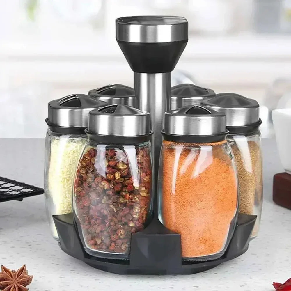 7pcs Rotating Spice Jar Set – Glass Seasoning Organizer with Rack | Salt, Sugar, Pepper Bottles & Shakers for Kitchen Storage